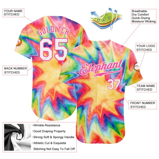 Regenbogen Farbstoff Weiß-Rosa Baseball Aquarell Jersey Custom Authentic Krawatte 3D Regenbogen Farbstoff Weiß-Rosa Baseball Aquarell Jersey Custom Authentic Krawatte 3D