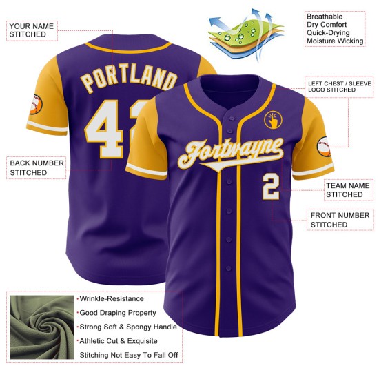 Jersey Custom Baseball Weiß-Gold Lila Ton Authentic Zwei Jersey Custom Baseball Weiß-Gold Lila Ton Authentic Zwei