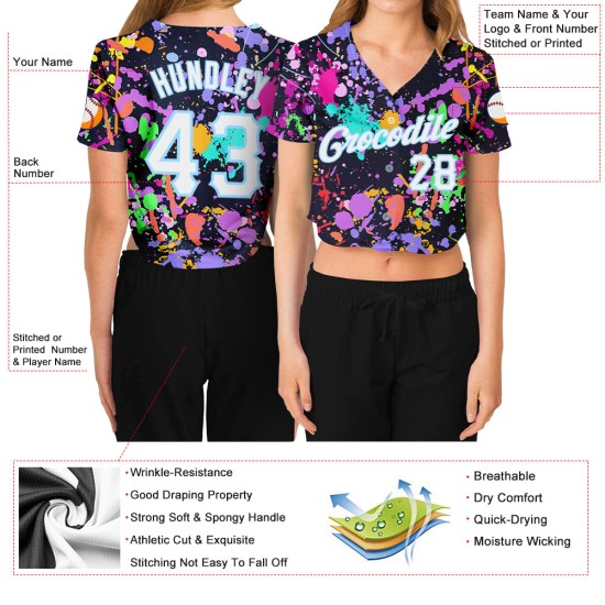 Damen Jersey Splashes Cropped V-Ausschnitt Custom Graffiti Blau Muster 3D Weiß-Licht Baseball Damen Jersey Splashes Cropped V-Ausschnitt Custom Graffiti Blau Muster 3D Weiß-Licht Baseball