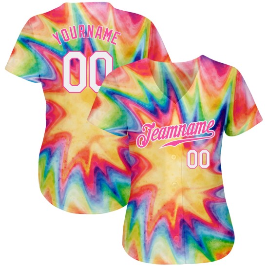 Regenbogen Farbstoff Weiß-Rosa Baseball Aquarell Jersey Custom Authentic Krawatte 3D Regenbogen Farbstoff Weiß-Rosa Baseball Aquarell Jersey Custom Authentic Krawatte 3D
